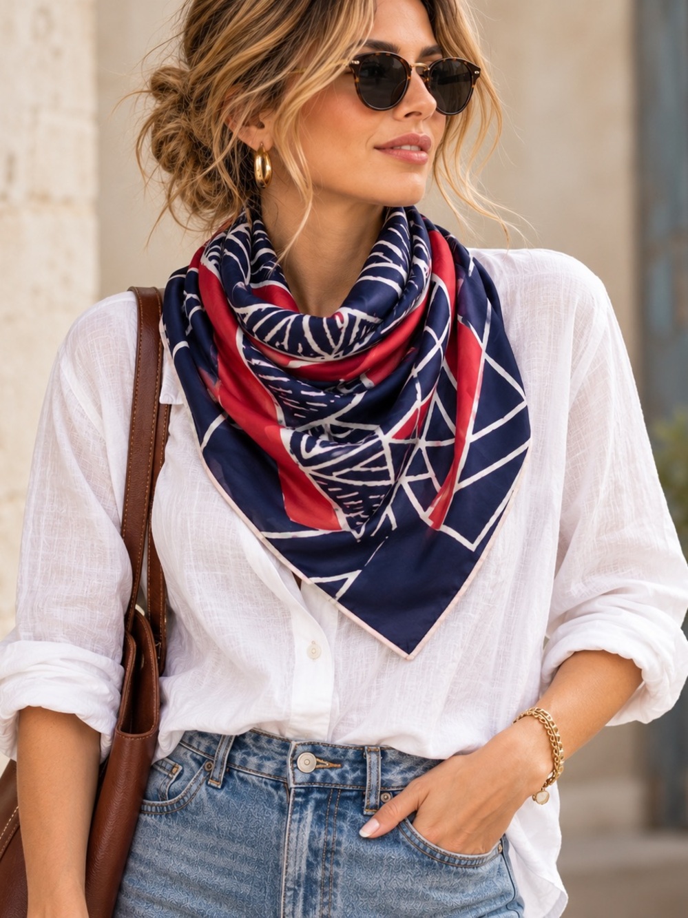 100% Silk Geometric Square Scarf Navy Red Hand Rolled 33”